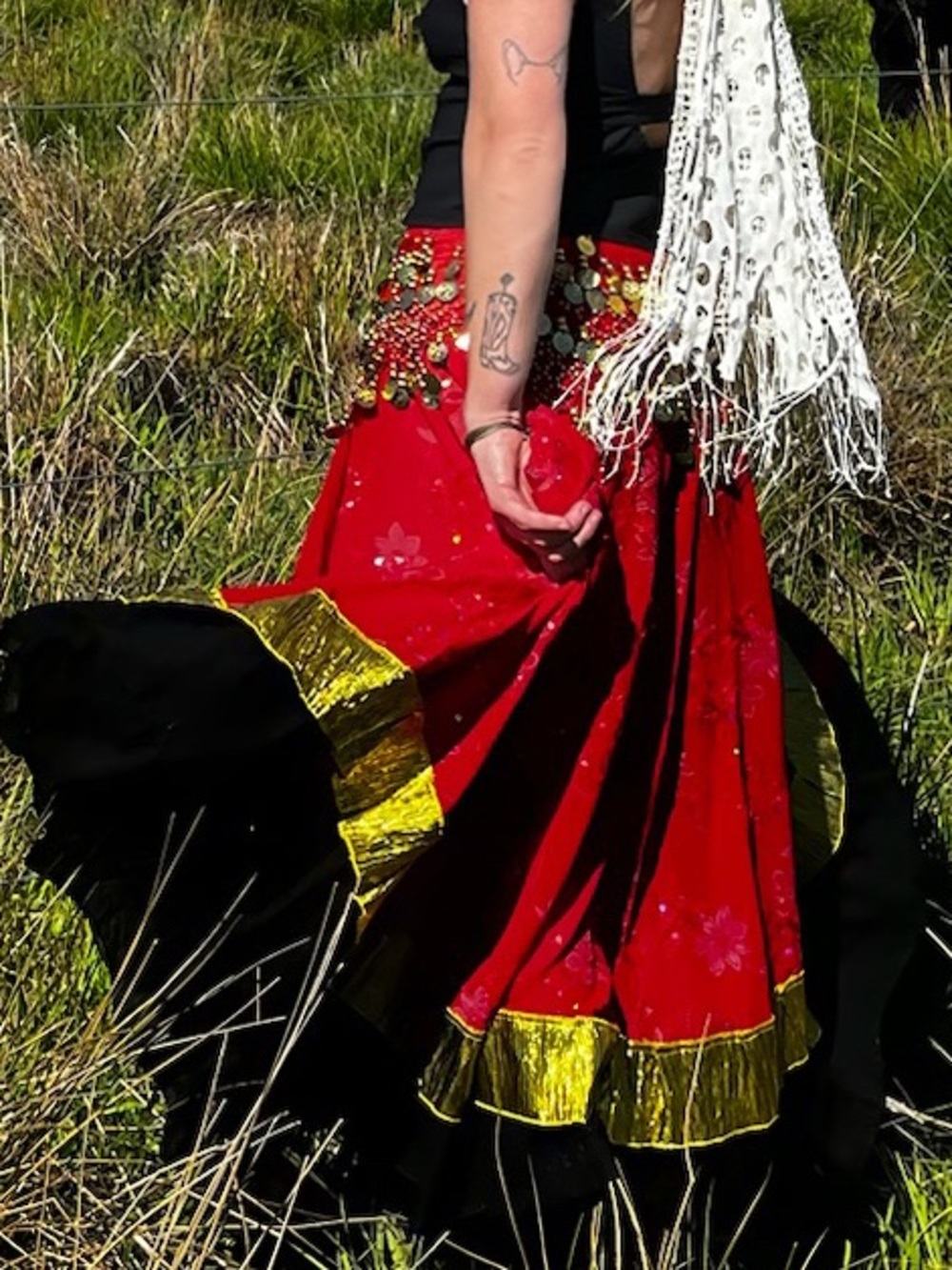 La SENZA Red Tiered Maxi Skirt with Gold and Black Bands - Picture 4 of 5